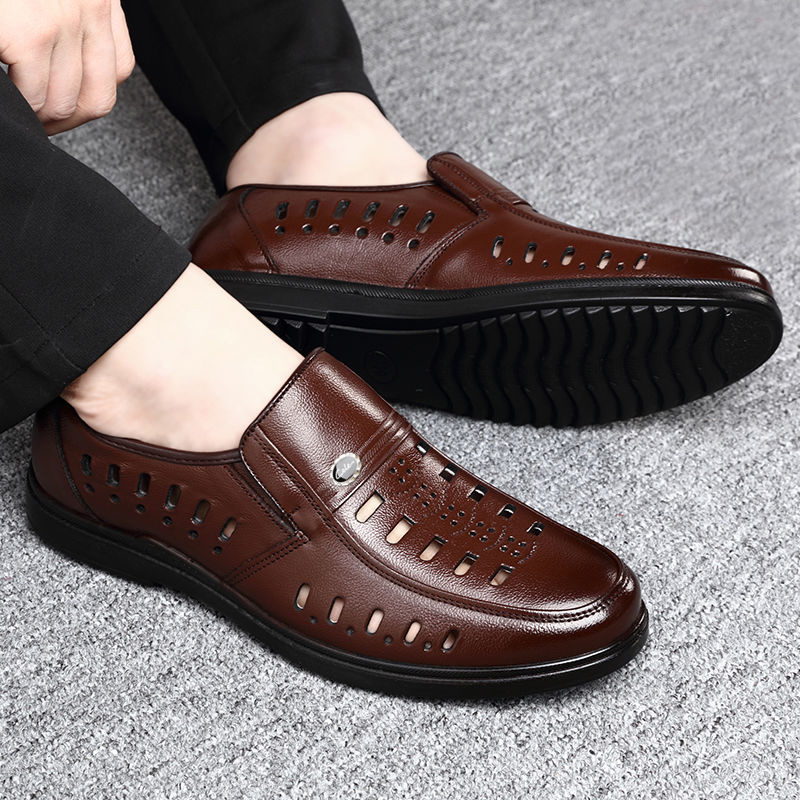 策乐真皮牛皮新款夏季皮凉鞋中老年休闲防臭皮鞋透气镂空洞洞鞋男