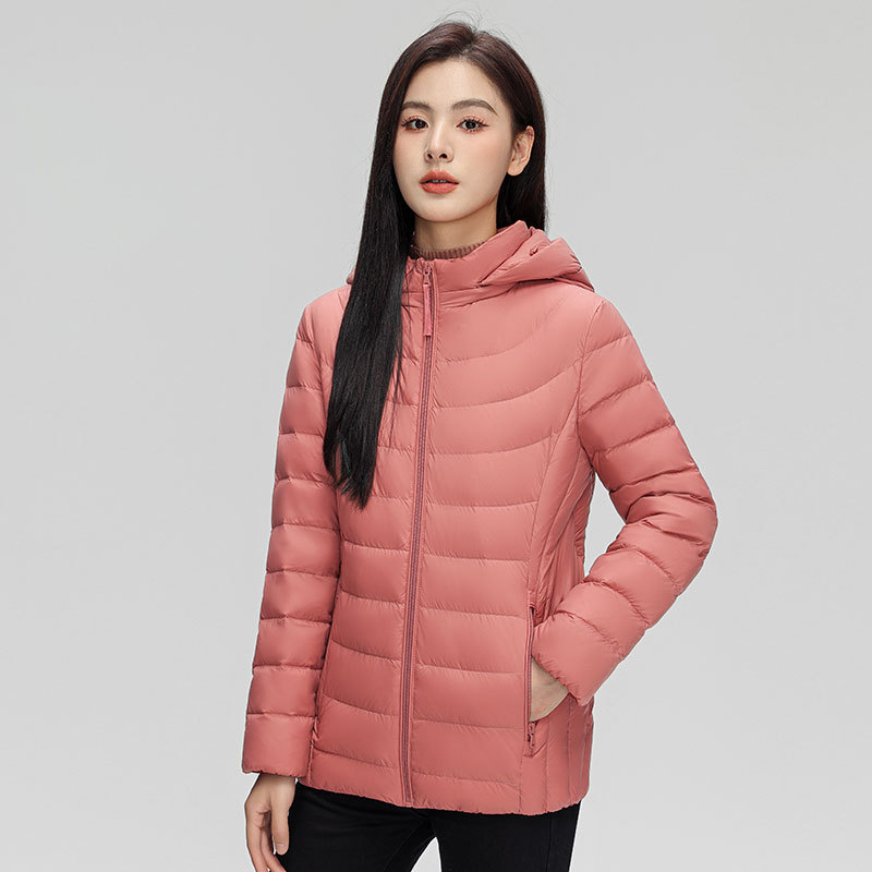 90白鸭绒新国标女式简约纯色连帽可拆卸轻薄羽绒服女_1102 嫣红 5XL