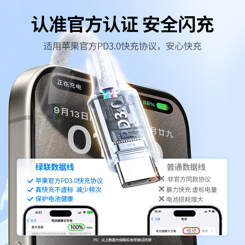 绿联30W氮化镓充电器+苹果15充电线双头Type-C数据线1米适用iPhone15ProMax华为 平板笔记本高清大图