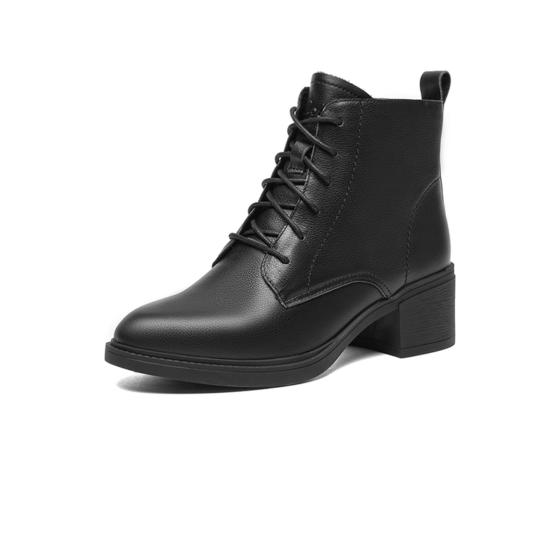 cele策乐女鞋真皮圆头粗高跟鞋马丁靴短靴踝靴女系带方跟靴子女视频