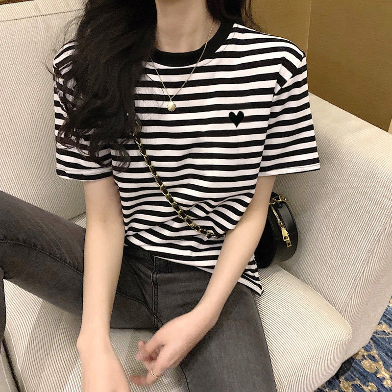 爱心条纹t恤女短袖潮ins港风减龄宽松半袖2021年夏季新款洋气上衣 黑白条纹 S 95斤以下