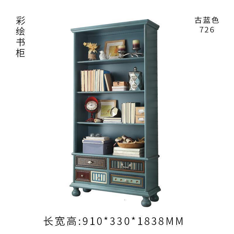 森美人美式乡村地中海做旧彩绘书柜 北欧展示艺术储物柜置物架 欧式玄关 彩绘书柜726古蓝色0.8-1米宽