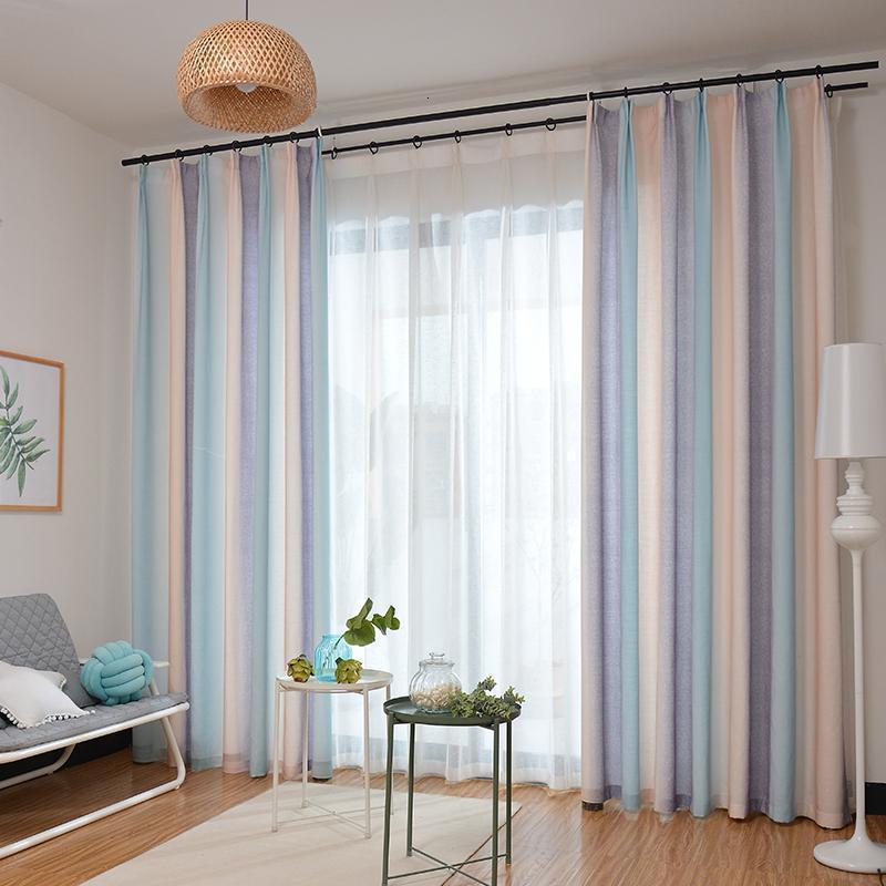美帮汇简约现代北欧风棉麻遮光地中海窗帘条纹卧室客厅阳台书房成品 2#肉粉浅蓝布帘-挂钩款 3.0*2.7高一片(可改短)