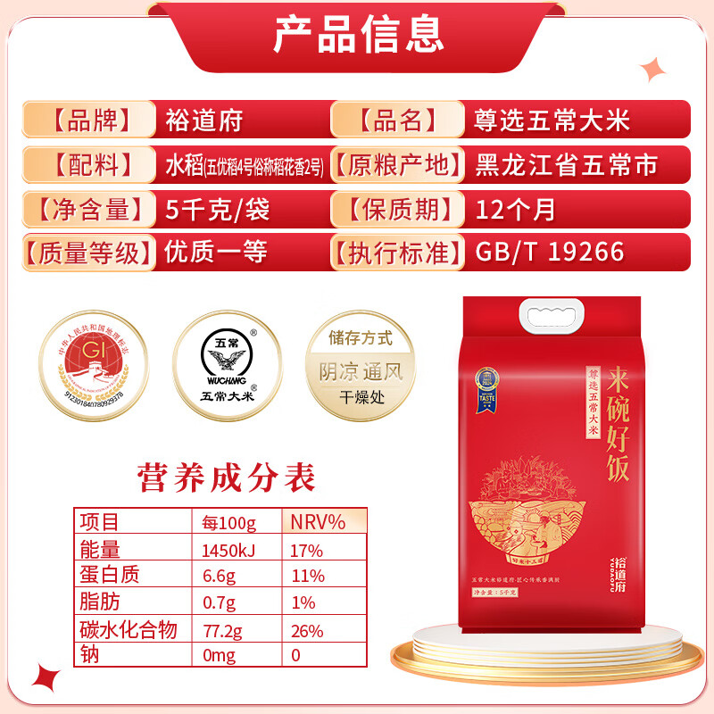 裕道府 来碗好饭 尊选五常大米5kg(单位:袋)真空包装 新旧包装随机发货高清大图