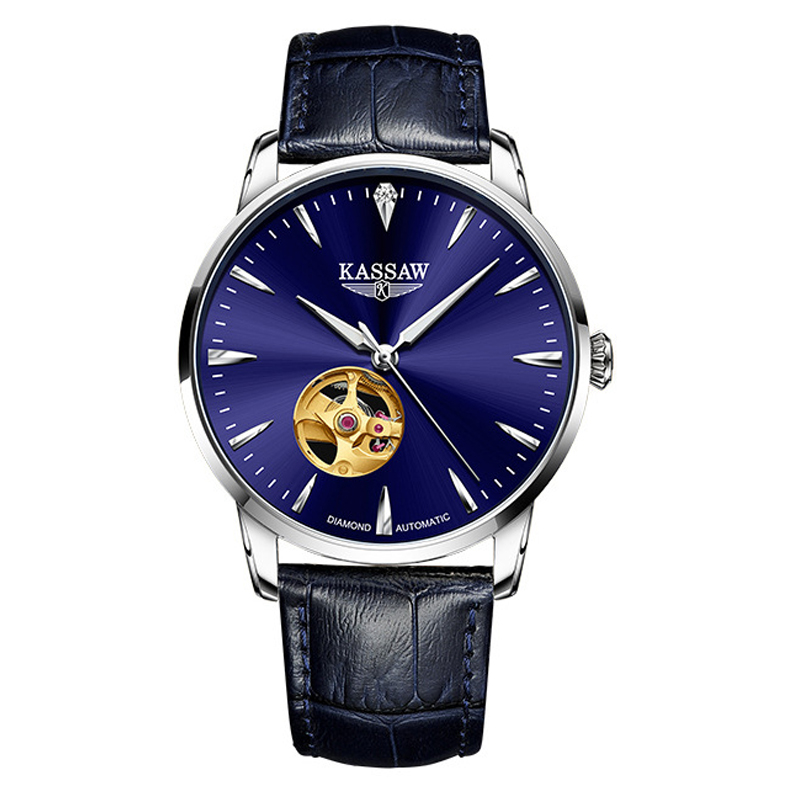 卡梭(KASSAW)手表男真钻自动机械表超薄陀飞轮镂空防水潮流男表带钻石鉴定证书K998G 银壳蓝面