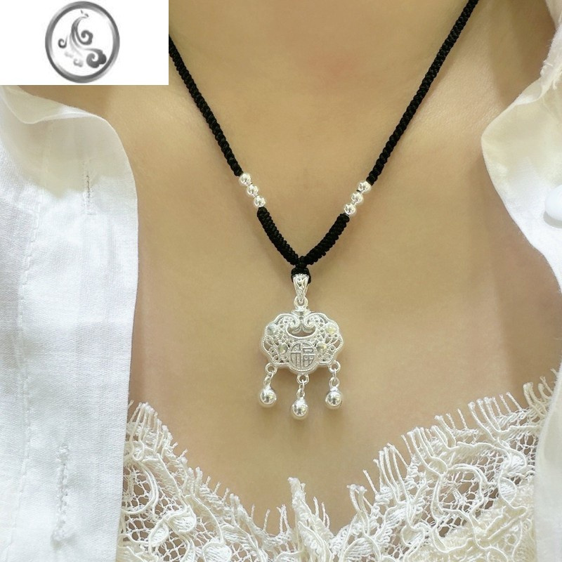 jimi999足银镂空平安锁吊坠编织手工项链银饰长命锁女大人小孩礼物