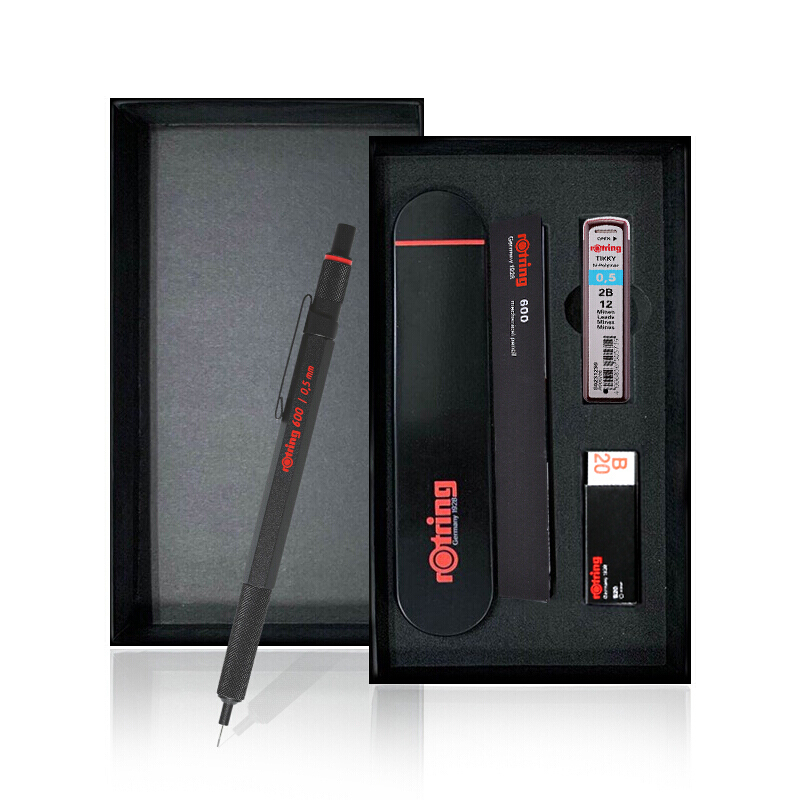 红环(rOtring)自动铅笔 专业绘图工具 金属笔身自动笔600系列 黑色0.7mm礼盒装