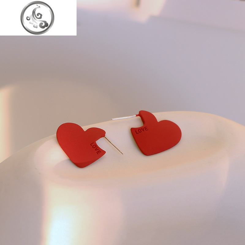 纯银红色爱心耳钉女缺角心形网红个性耳环甜美少女心2019新款潮饰