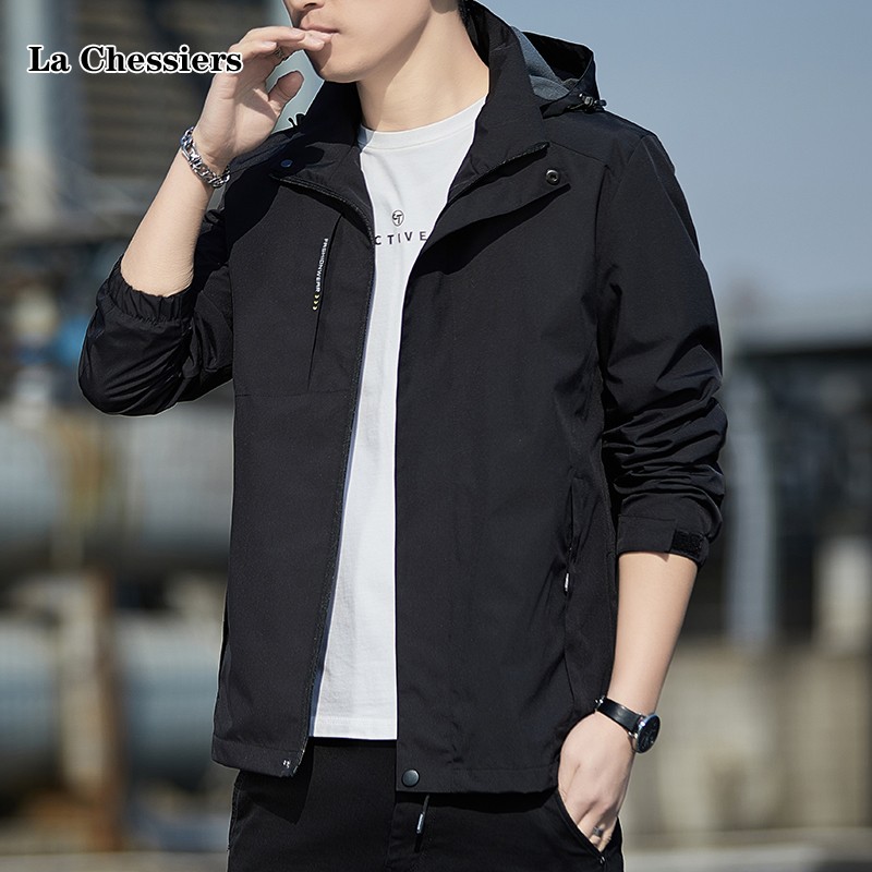 外套男春秋款潮流秋装上衣服防风连帽休闲夹克可脱卸帽冲锋衣 黑色（春秋款） XL