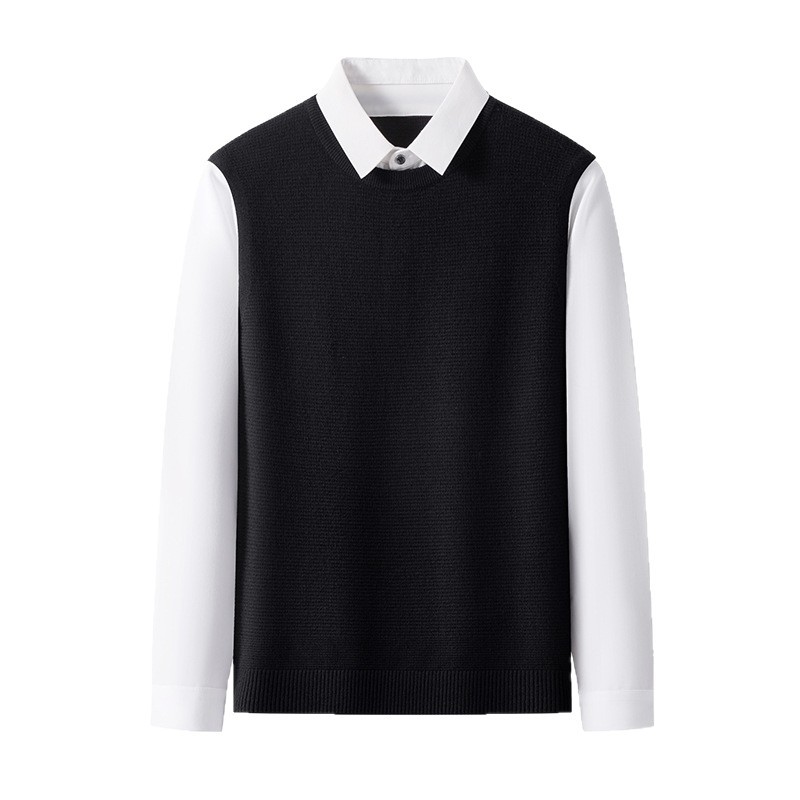 针织男士假两件2025秋季新款时尚拼接翻领撞色毛衣男针织衫高清大图