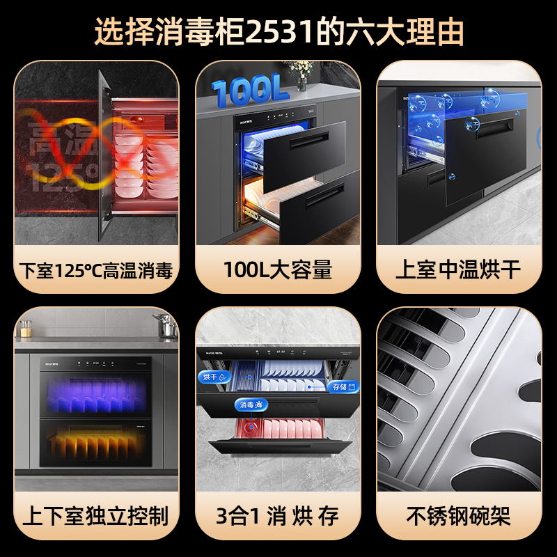樱雪(INSE)RTD100E-2531(B)W消毒柜家用 嵌入式消毒柜 100L大容量镶嵌式二星消毒 厨房消毒碗柜高清大图