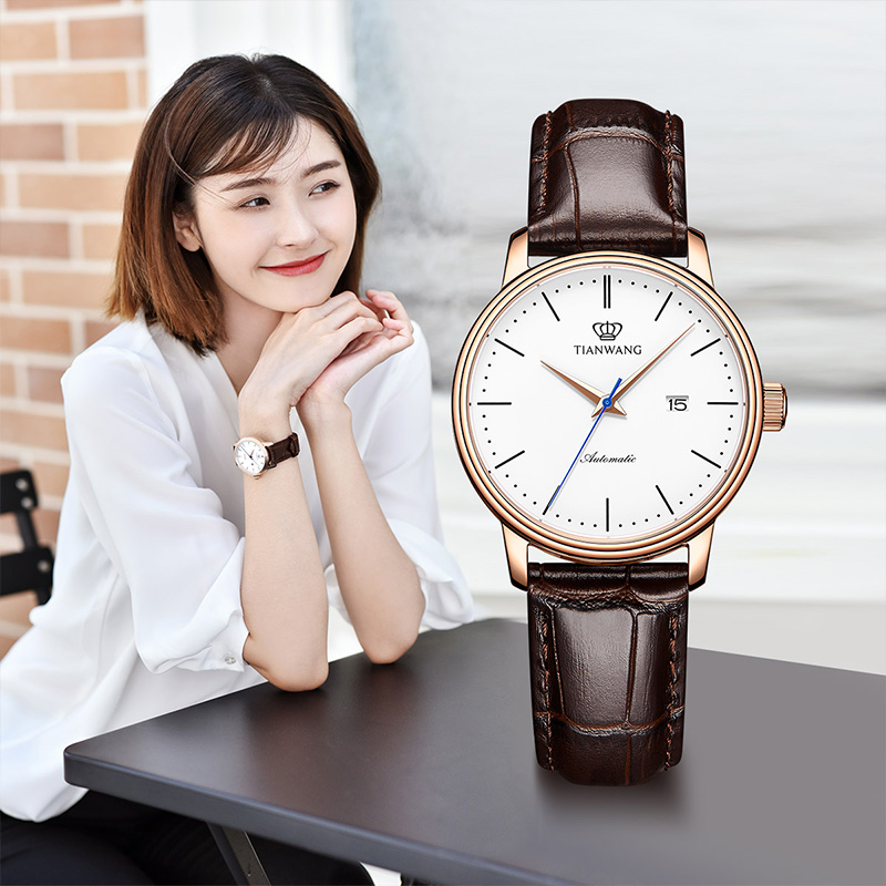 天王表情侣表皮带自动机械表时尚休闲男表精致百搭女表腕表送生日礼物推荐5914高清大图