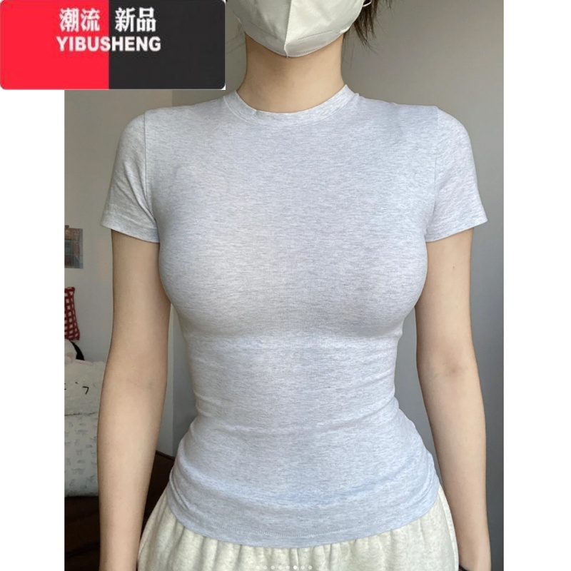 YIBUSHENG紧身短袖t恤女季2024新款圆领内搭茶艺风显身材纯欲正肩上衣高清大图