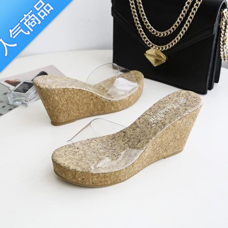 SUNTEK透明高跟鞋度假凉鞋拖鞋女厚底2023夏韩版新款水晶豹纹防水台外穿图片