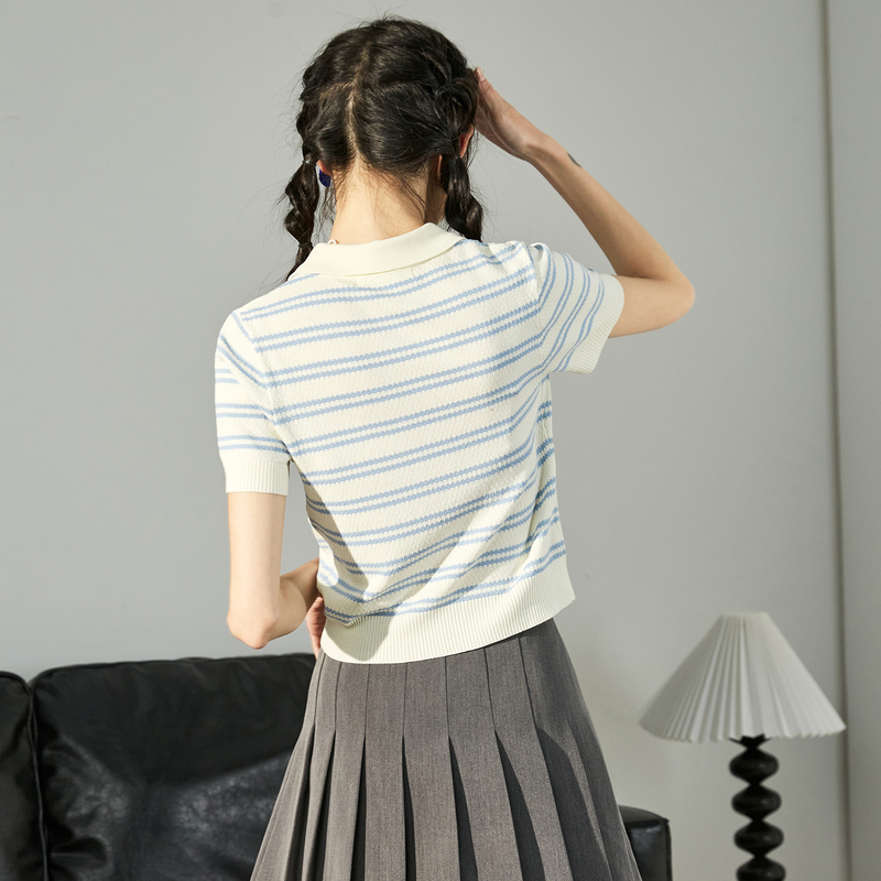 [1.5折价43元]唐狮夏季新款条纹polo衫女针织短袖t恤甜美洋气别致上衣小衫
