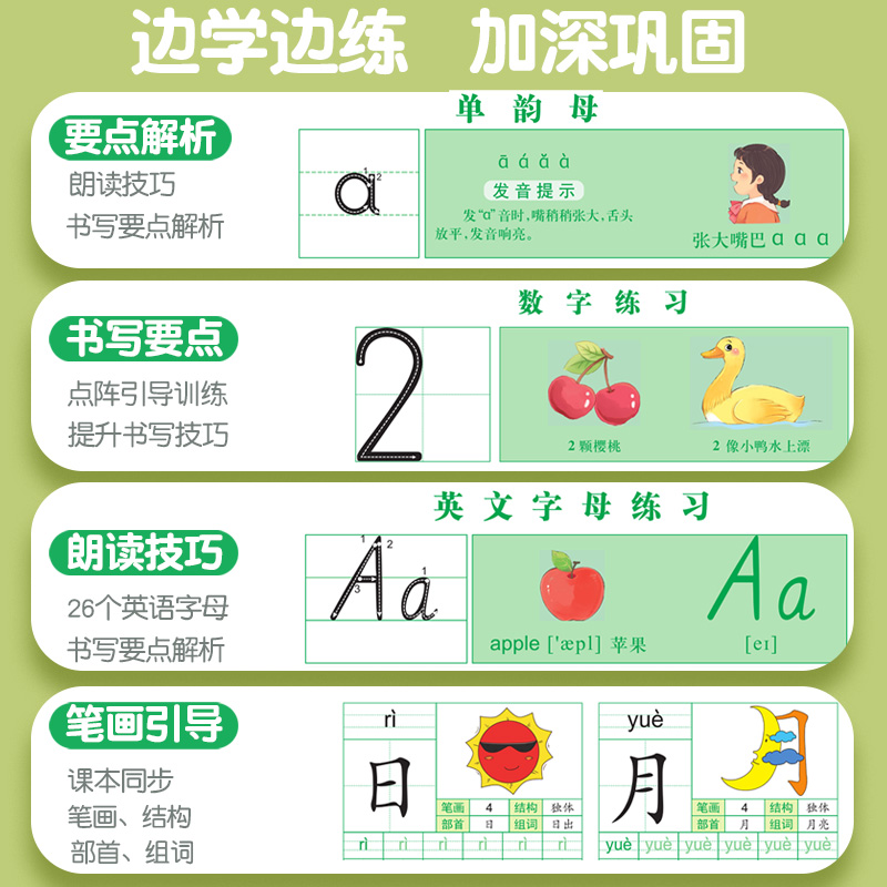 [8本]学前点阵描红全套 [正版]拼音练字帖声母韵母描红本书写练习纸一年级上册拼音字帖练字26个英文字母练字帖幼升小学前高清大图