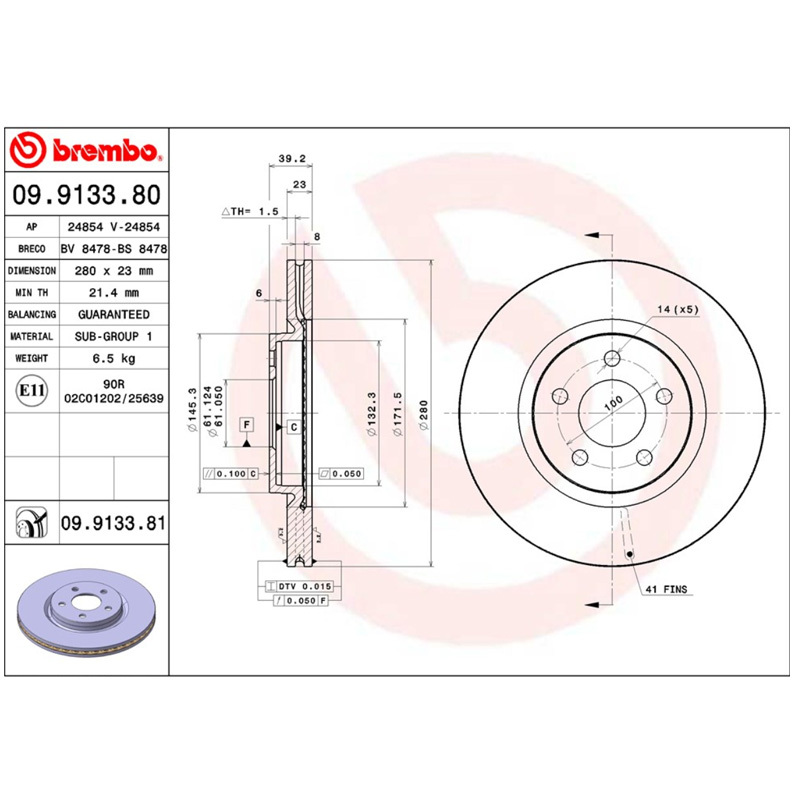 布雷博(brembo)前盘09.9133.81适配06-07款PT漫步者 2.4L L4(对装)