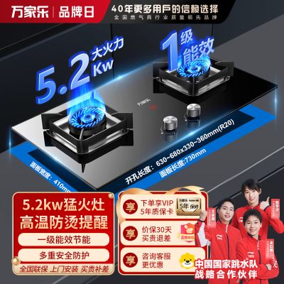 万家乐(Macro)燃气双灶Y3R1 天然气 5.2kW猛火灶聚能锅支架 快速点火铜火盖台嵌两用一级能效 可调节底壳