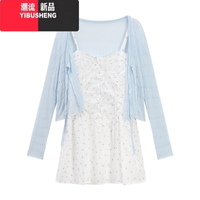 YIBUSHENG甜辣妹白色连衣裙春季2024新款时尚小清新收腰碎花吊带短裙女ins