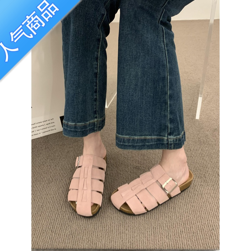SUNTEK森系复古磨砂包头半拖鞋女外穿松糕厚底镂空猪笼鞋海边沙滩鞋