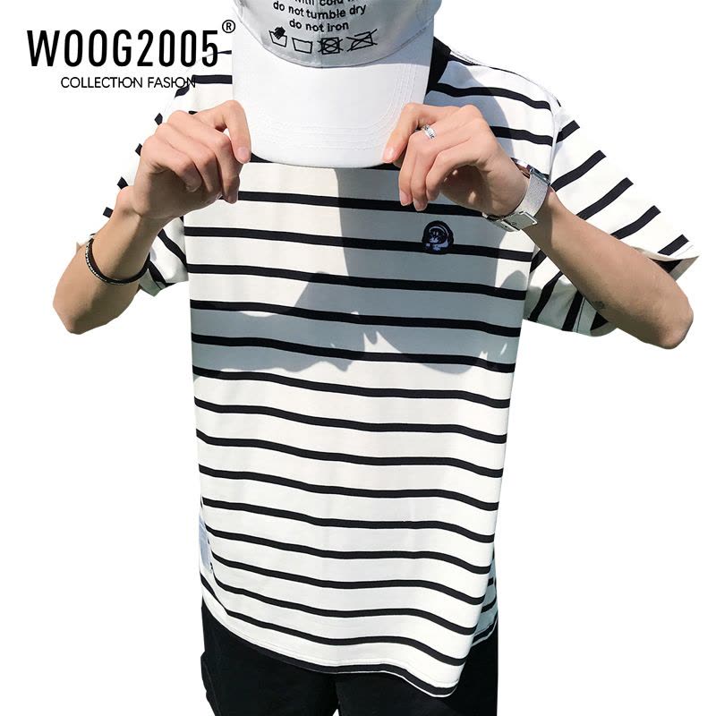 WOOG2005黑白条纹短袖T恤男夏季小领口魔术贴纯棉学院风体恤上衣图片