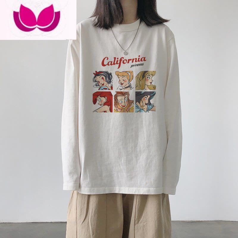 七斓白色长袖t恤女2023新款春装叠穿上衣宽松学生内搭薄款打底衫图片