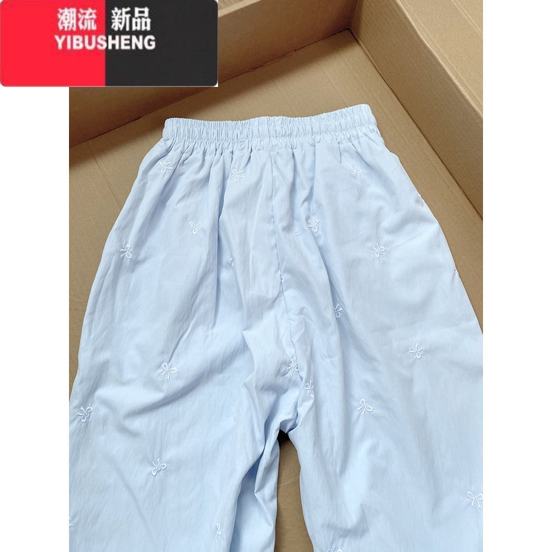 YIBUSHENG蓝色小众蝴蝶结刺绣休闲裤女季薄款小个子宽松直筒阔腿裤长裤裤高清大图