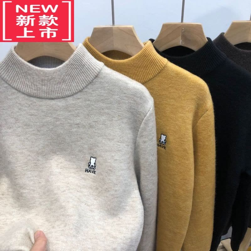 可莉允卡芙恰恰冬季新款针织打底衫男女童高领一体绒毛衣字母潮图片