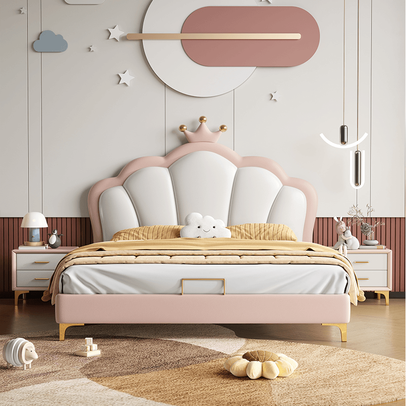 皇冠床小孩软包男孩女孩床粉色轻奢奶油风儿童房公主床高清大图