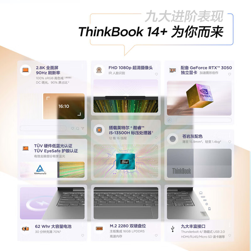 联想ThinkBook 14+ 2023款 14英寸标压便携轻薄笔记本电脑(13代英特尔酷睿i5-13500H/16G/1T/RTX3050/2.8K/90Hz)