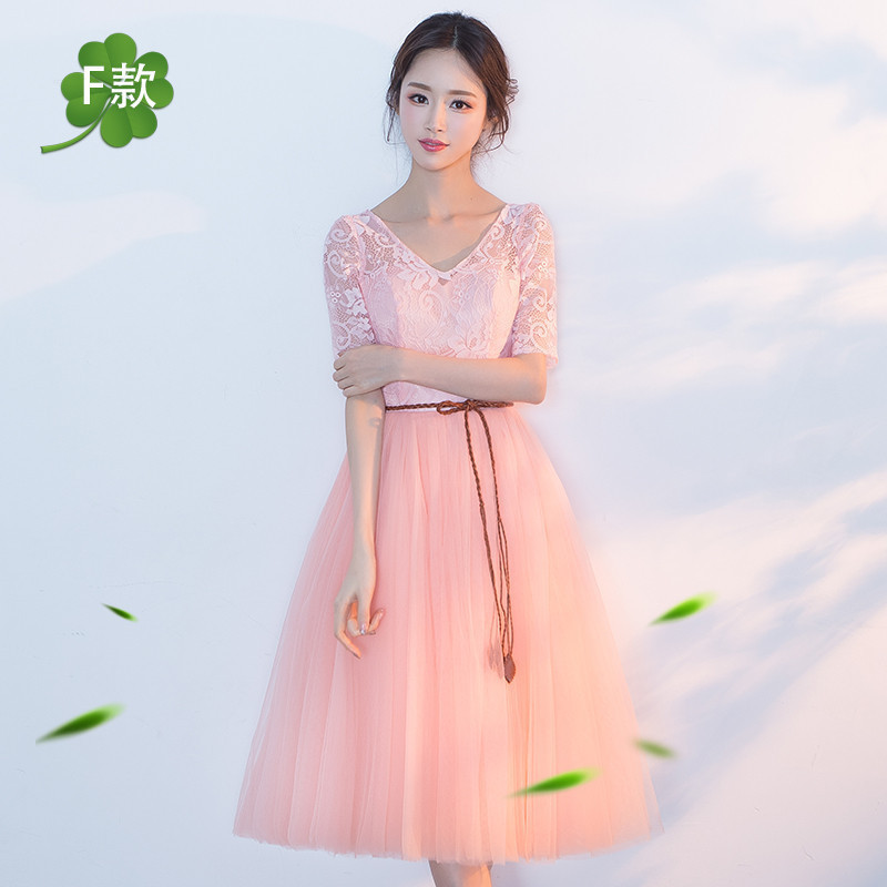 粉色伴娘服中长款新款伴娘团礼服女韩版姐妹裙小礼服毕业班服视频