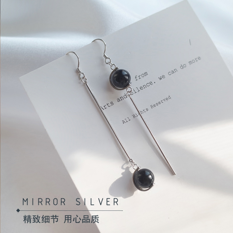 韩版不对称黑珠珠圆球直棒S925纯银耳环长款耳坠夸张配饰时尚女款送女朋友七夕情人节礼物