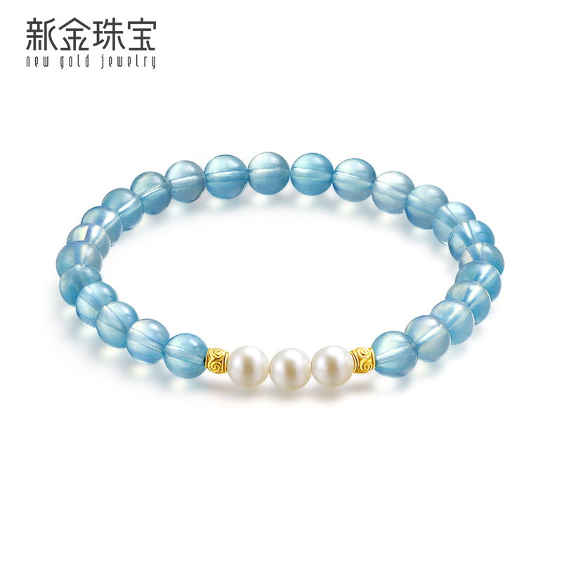 新金珠宝 黄金桶珠珍珠海蓝宝手串女 国潮文玩手链云水谣珠串饰品1042
