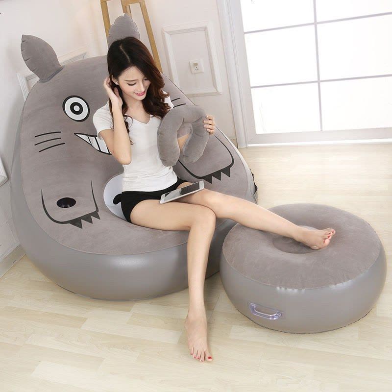 买一送四懒人时尚休闲龙猫充气沙发床可爱创意午休椅可折叠榻榻米 龙猫单个沙发+充气泵图片
