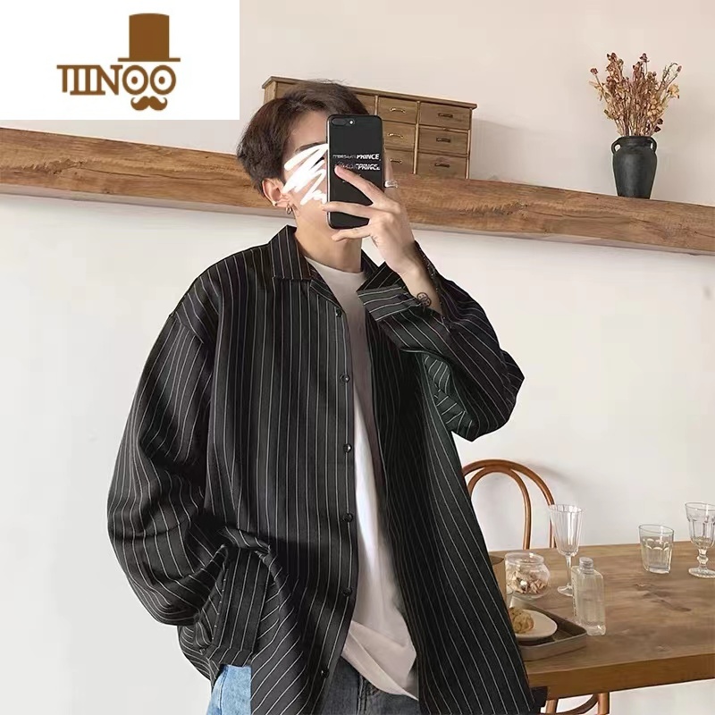 YANXU条纹衬衫男长袖大码港风日系宽松胖子衬衣休闲寸衫外套ins潮高清大图
