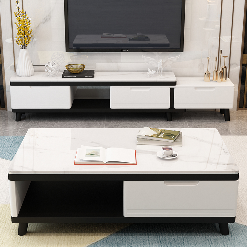 尋木匠大理石电视柜茶几组合现代简约可伸缩轻奢地柜玻钢石客厅电视