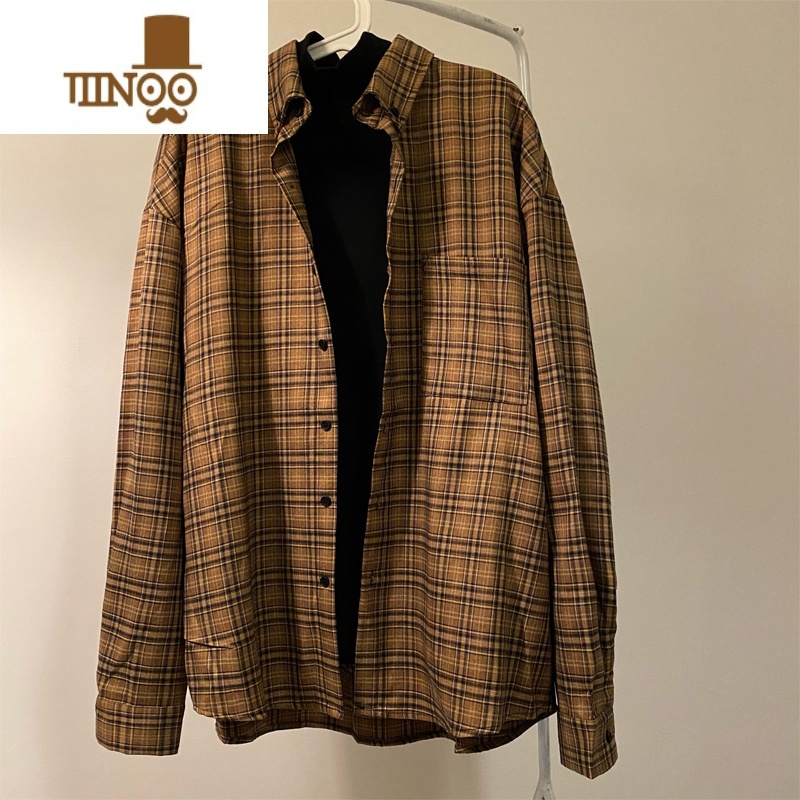 YANXUMASD日系复古咖色格子长袖衬衫男潮ins情侣宽松复衫YX高清大图