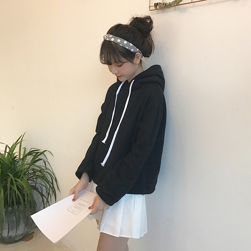 学院风小清新简约纯色宽松抽绳连帽卫衣女装韩版秋装学生卫衣上衣灰色均码