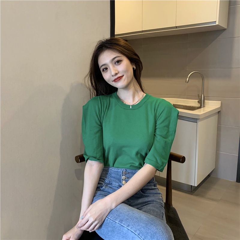 韩国减龄百搭圆领套头宽松休闲泡泡袖针织衫T恤女