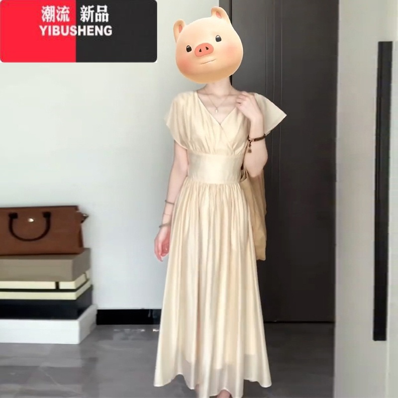 YIBUSHENG小飞袖v领雪纺连衣裙子女季2024新款法式气质高级感收腰a字长裙