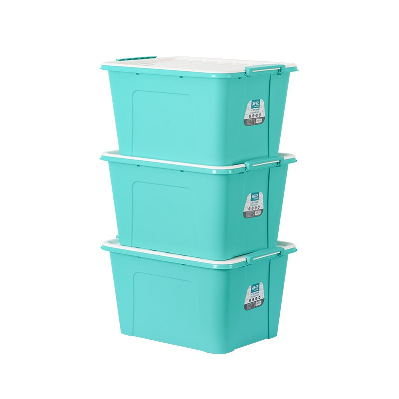 茶花(CHAHUA)990138家用大号收纳箱塑料整理箱有盖衣服玩具置物储物箱 [58升]带盖带把手带轮 绿色3个装