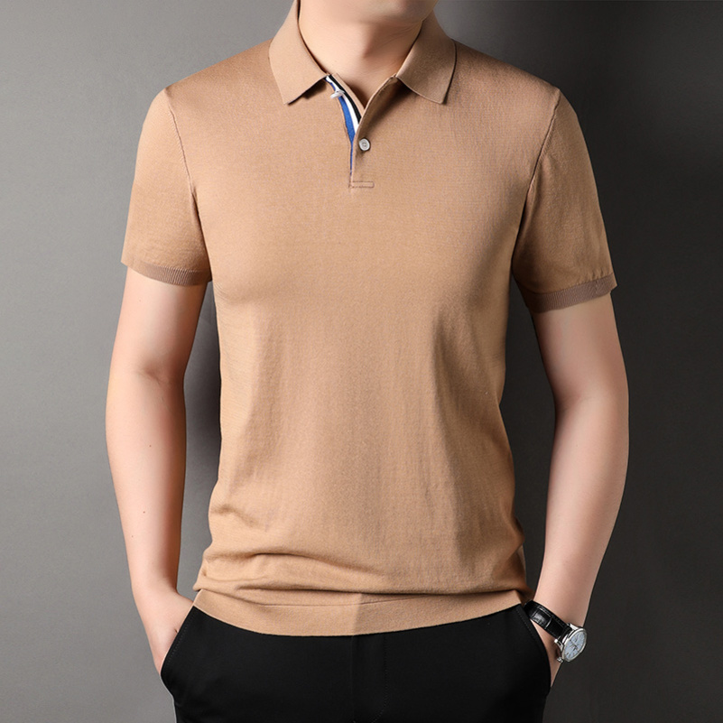 夏季新款男士翻领纯色桑蚕丝短袖t恤休闲亚麻男装棉质半袖polo衫高清大图