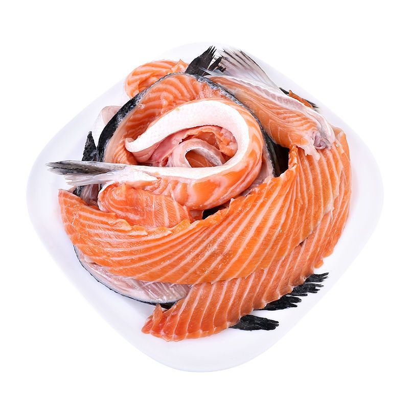 赛卡伊冰鲜三文鱼刺身边角料人吃碎肉带骨带鳍刺中煎炸食材制猫狗粮4