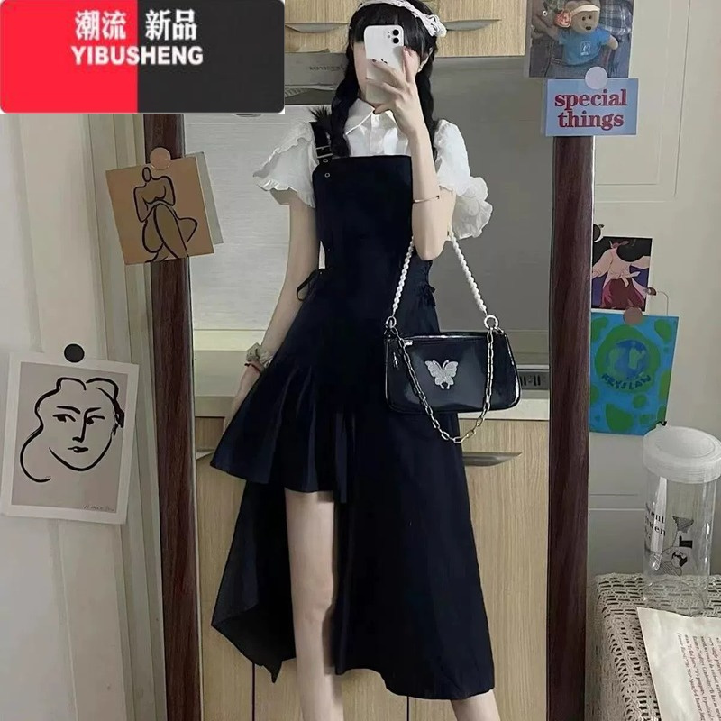 YIBUSHENG美式少女学院风黑色背带裙子套装辣妹长裙下摆不规则连衣裙两件套