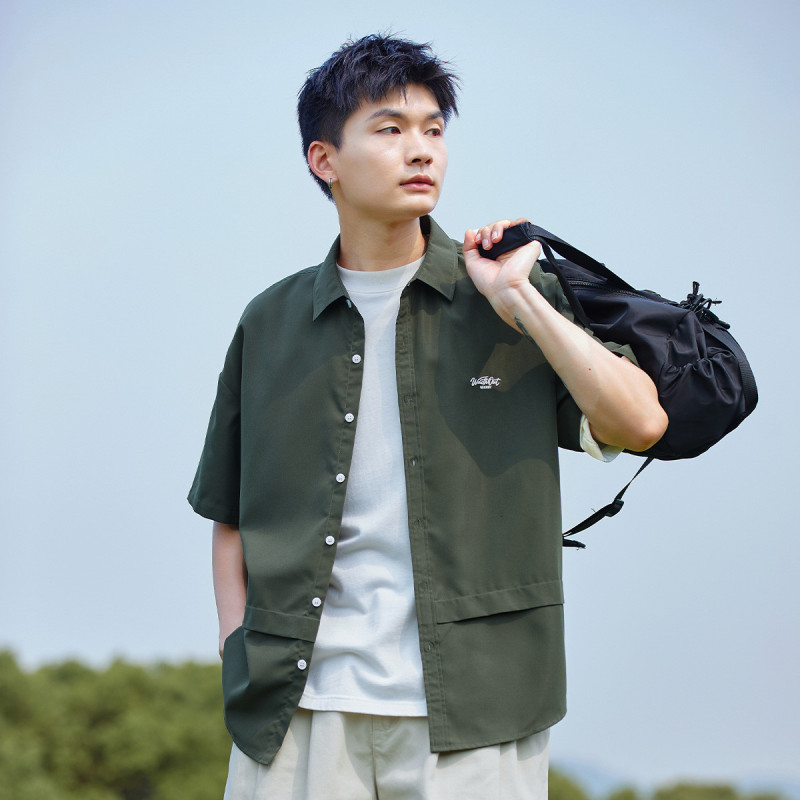 [1.5折价58元]唐狮短袖衬衫男小细节拼接短袖衬衫男士短袖衬衫短袖衬衫男夏季
