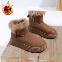 厚底棉鞋女冬季加绒加厚雪地靴新款休闲高帮面包鞋板鞋女_2 棕色 40