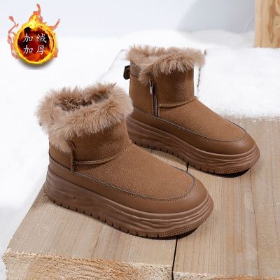 厚底棉鞋女冬季加绒加厚雪地靴新款休闲高帮面包鞋板鞋女_2 棕色 35