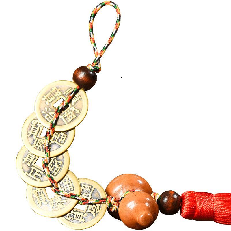 美帮汇铜五帝钱六帝钱挂件五色线桃木葫芦铜钱古币摆件
