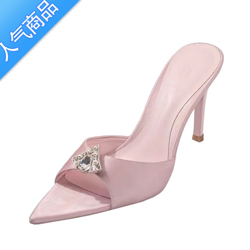 SUNTEK尖头高跟凉鞋女2023夏季新款绸缎水钻仙女风性感细跟一字带凉拖鞋高清大图