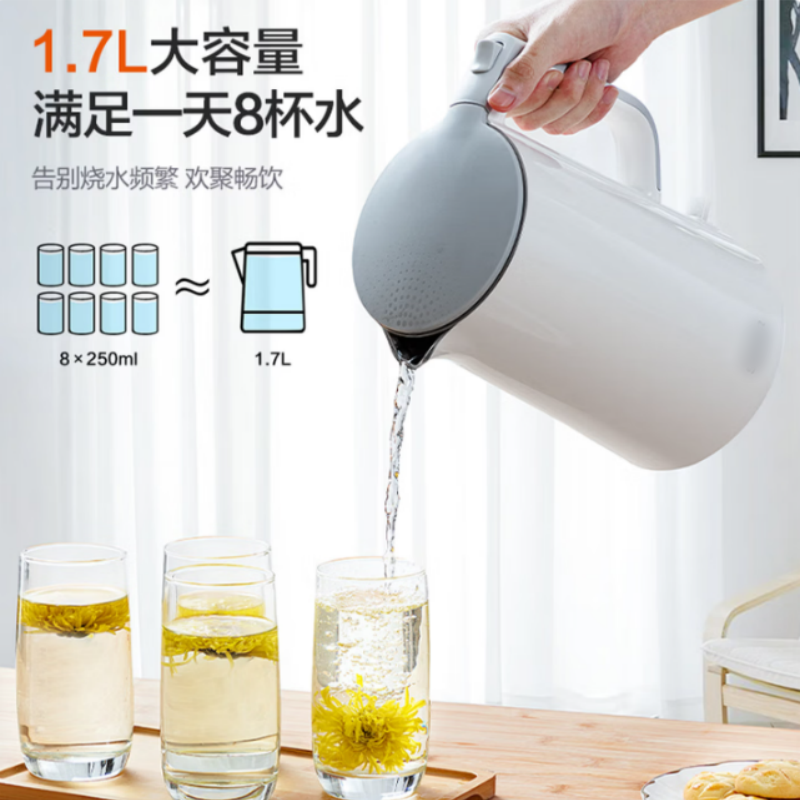 SUPOR SW-17S13A 电水壶 1.7L全钢无缝内胆 双层防烫保温一键开盖 白灰高清大图